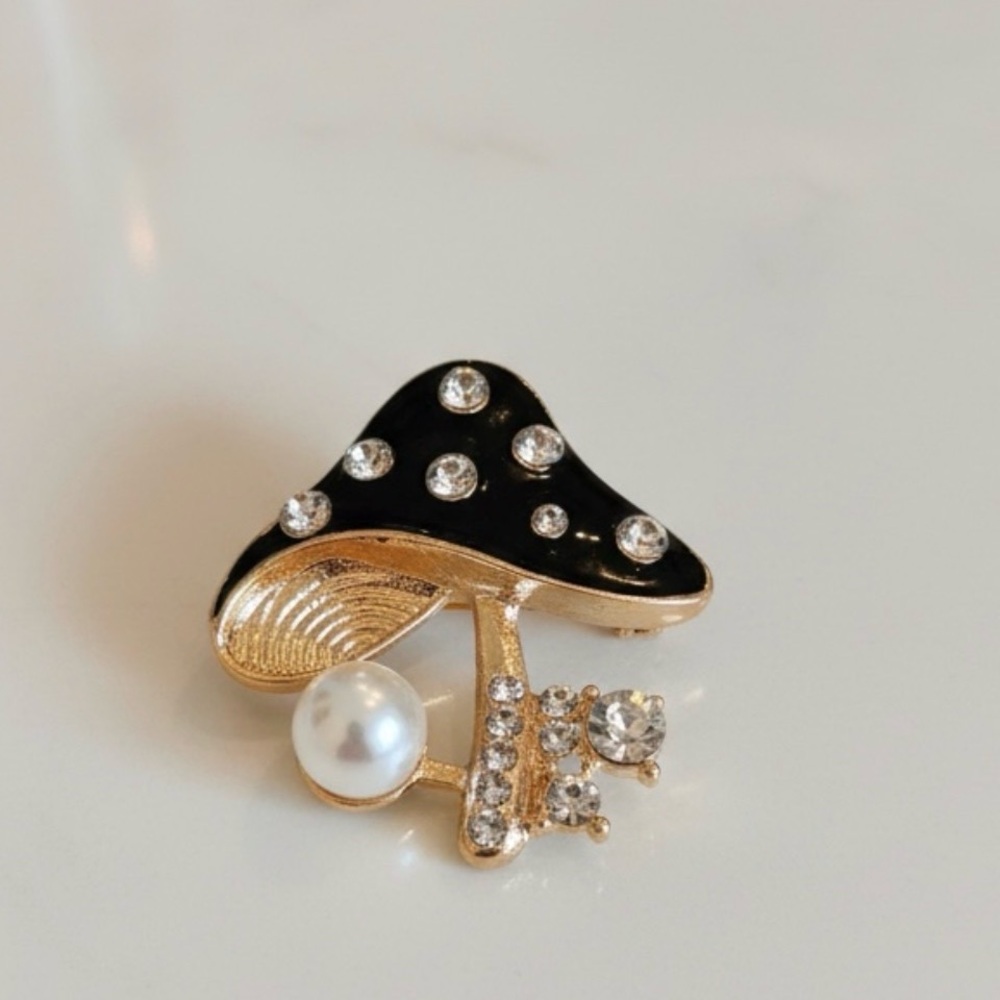 Gold-Tone Black Enamel Mushroom Brooch with‎ Pearl & Crystals